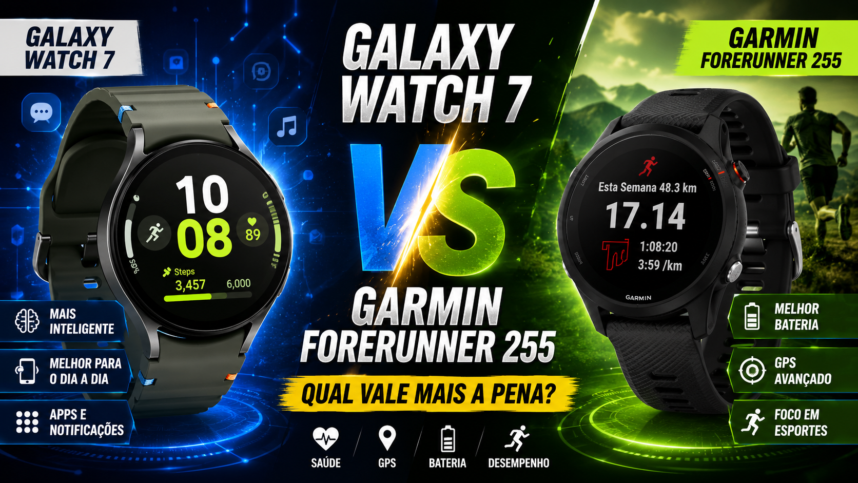 Samsung Galaxy Watch 7 vs Garmin Forerunner 255: Qual Smartwatch Vale Mais a Pena em 2026?