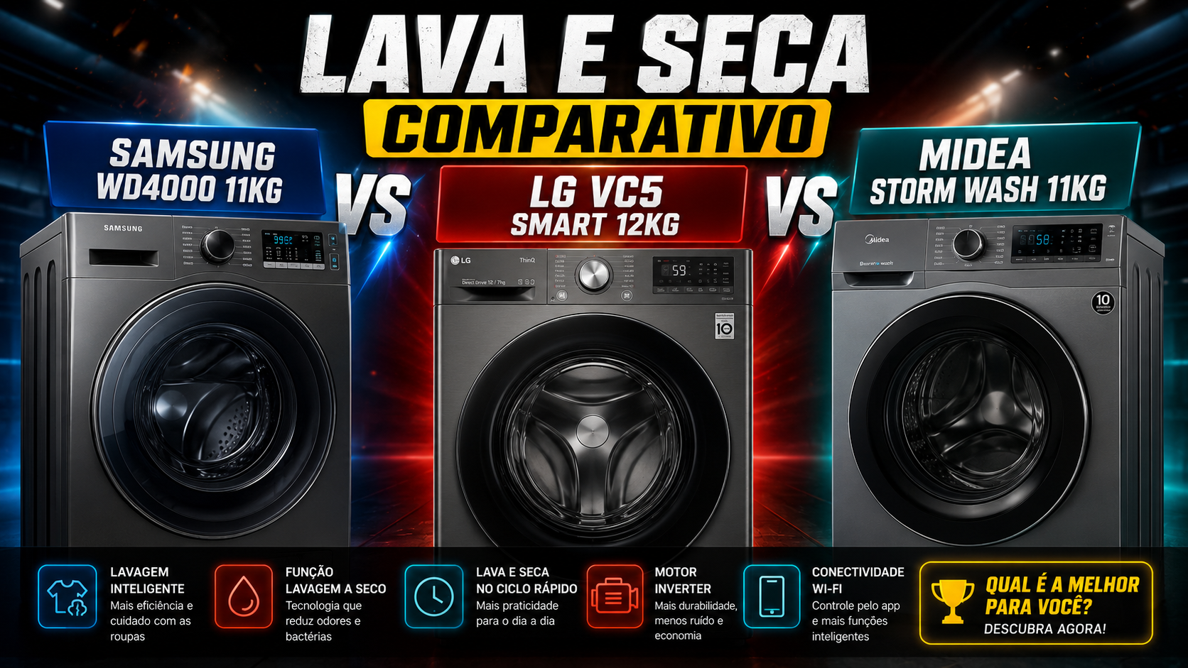 Comparação Definitiva: Samsung WD4000 vs LG VC5 vs Midea Storm Wash (Qual Lava e Seca Levar?)