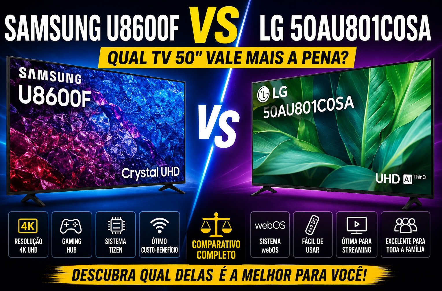 Samsung U8600F vs LG 50AU801C0SA: Qual TV 50" Vale Mais a Pena?